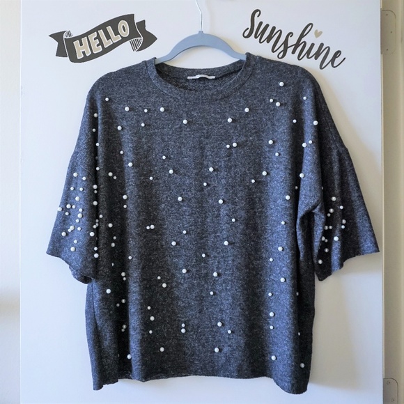 Zara Tops - Zara Dark Grey Pearl Short Sleeve Soft Boxy Top S